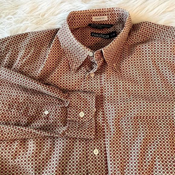 Nautica Classic Fit‎ Shirt Size Large Mens Button Down Pocket Long Red Tan Print - Picture 1 of 8
